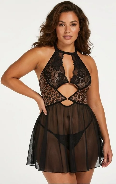 LunaIntim Leopar Detaylı Dantel Babydoll Transparan Tül Etekli Mini Gecelik - Son Görünüm